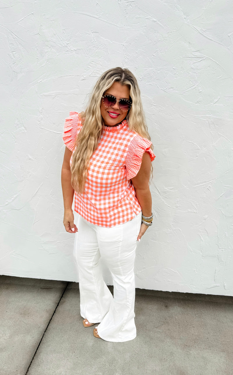 Coral Gingham Detailed Sleeve Top