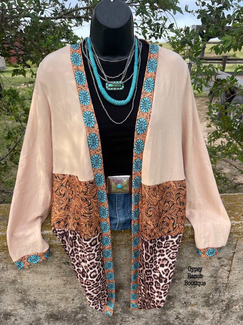 Landan Leather Leopard Turquoise Squash Blossom Cardigan - Also in Plus Size