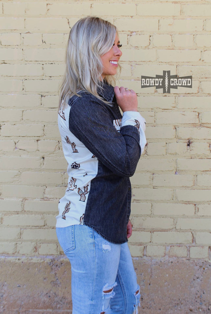 The Hills of Palos Verdes Cactus Denim Button Up Top - Also in Plus Size