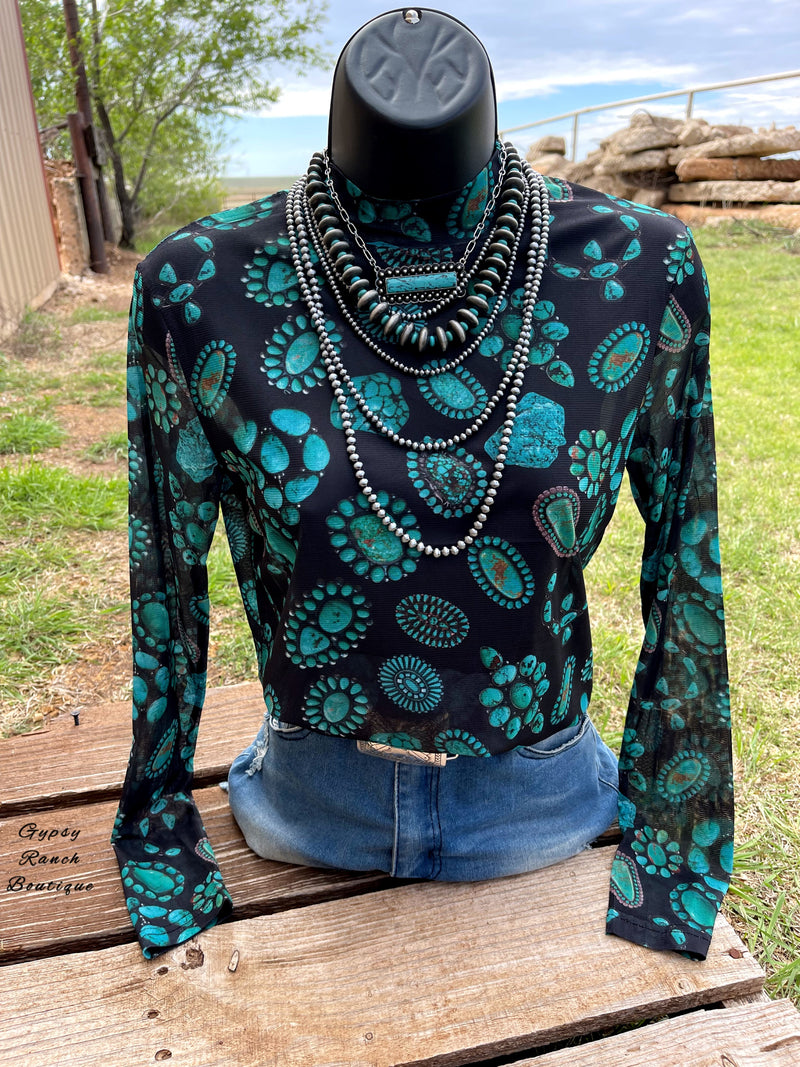 Turquoise Squash Blossom Mesh Layering Top - Also in Plus Size