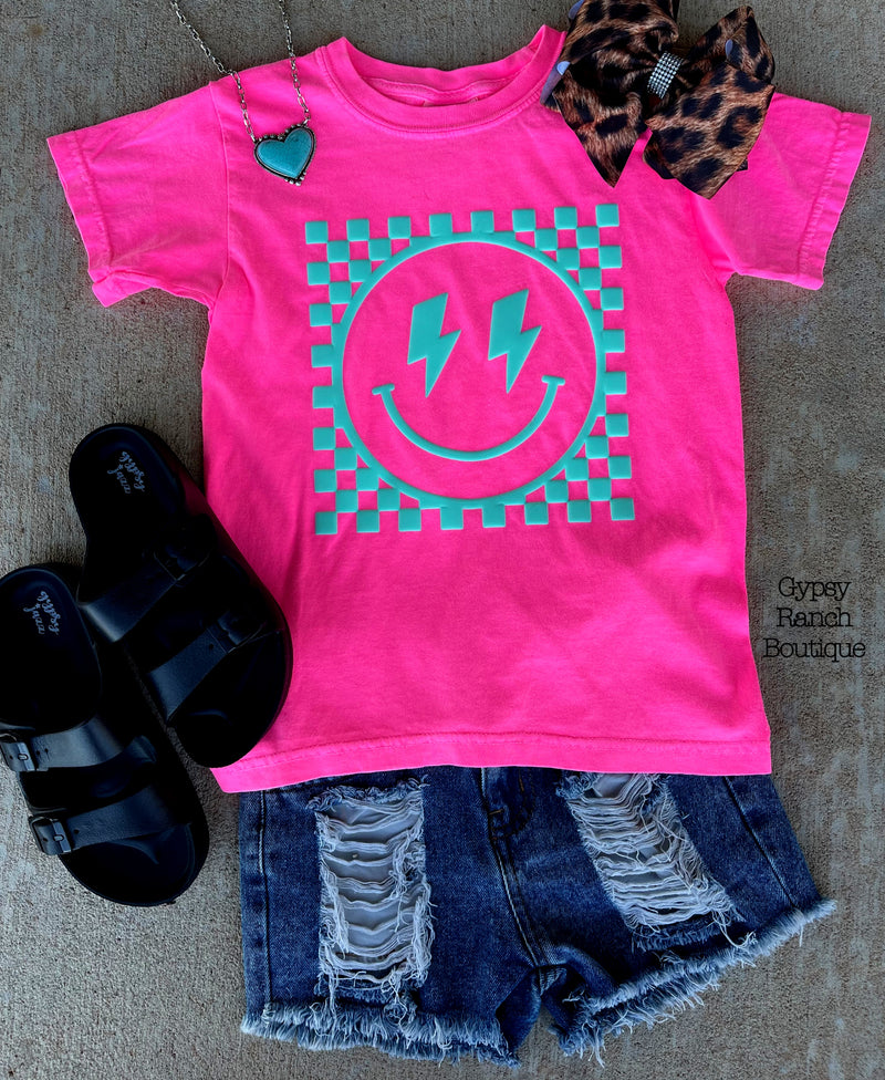 KIDS Happy Days Turquoise Puff Print on Neon Pink