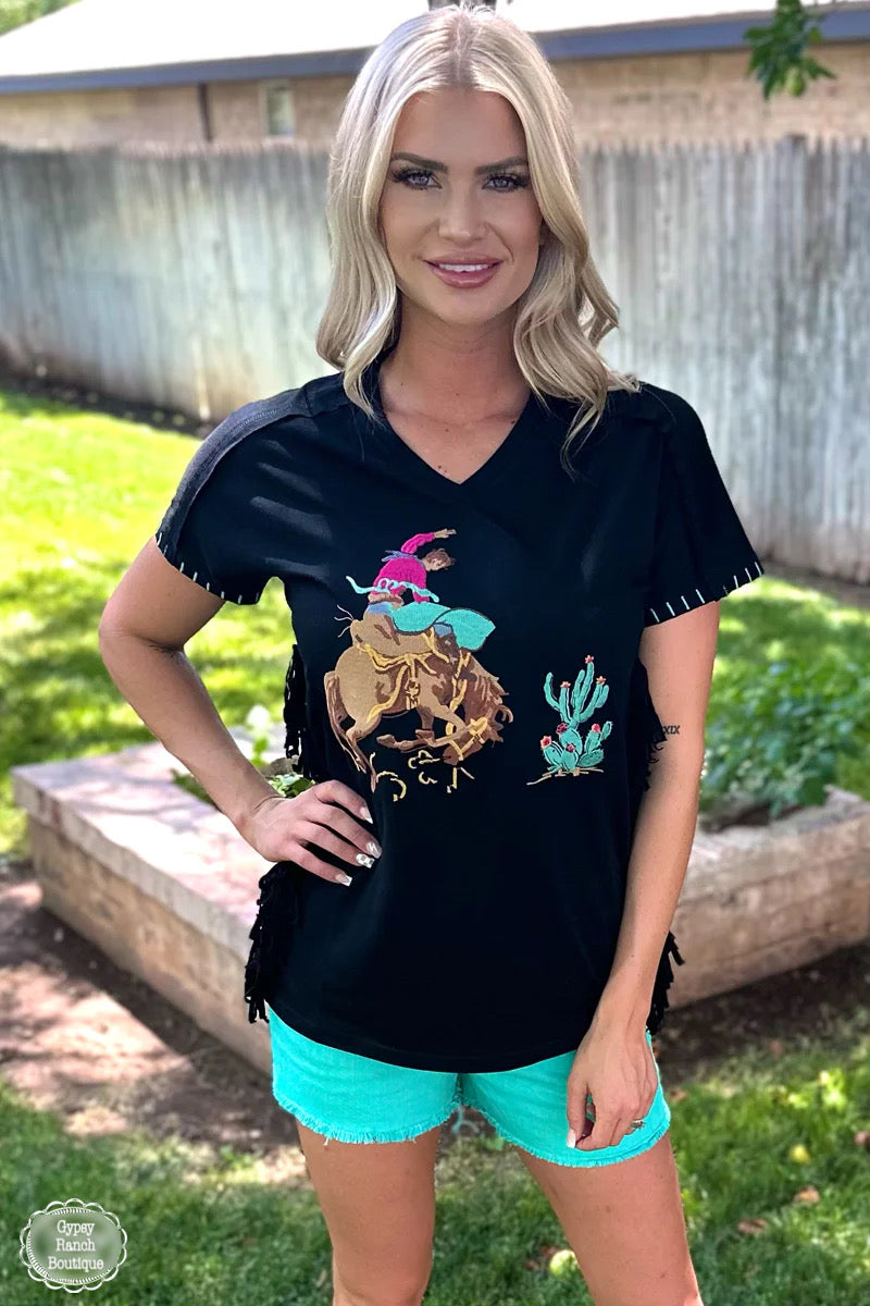 Cowboy Nation Embroidered Fringe Top - Also in Plus Size