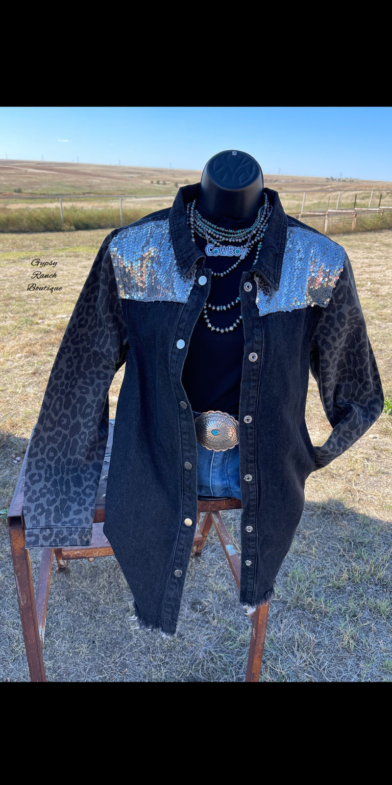The Night Life Leopard Sequin Distressed Denim Jacket - Also in Plus Size