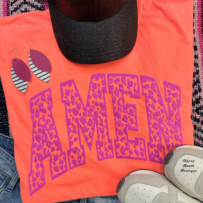 AMEN Leopard Pink Puff Print on Neon Coral Top - Also in Plus Size