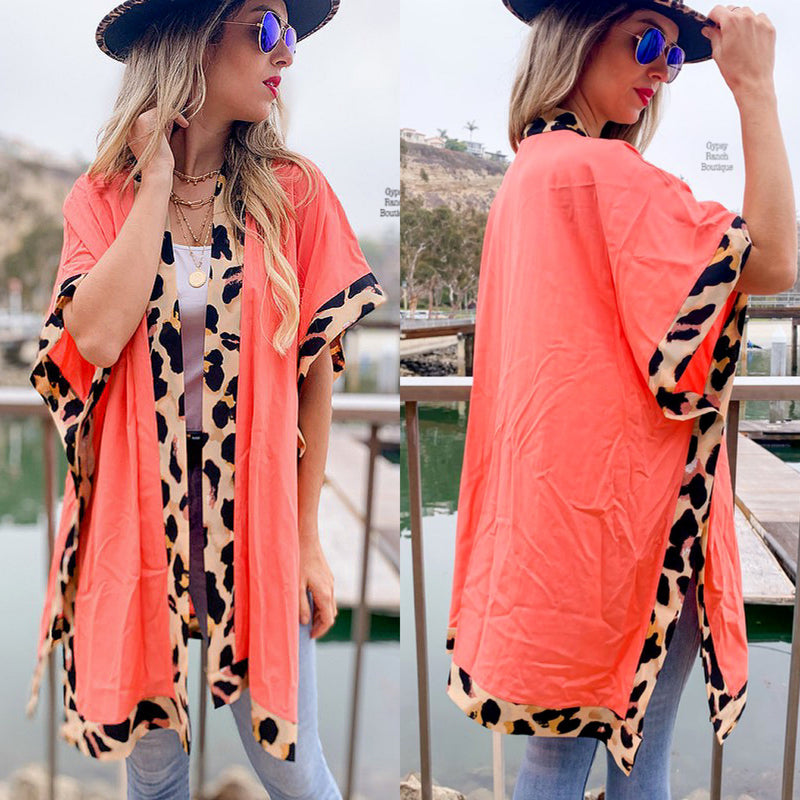 California Dreams Coral Leopard Cardigan Kimono - Also in Plus Size