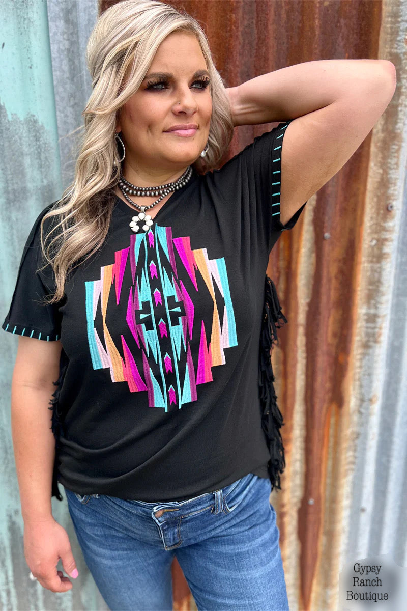 Native Paradise Embroidered Fringe Top - Also in Plus Size