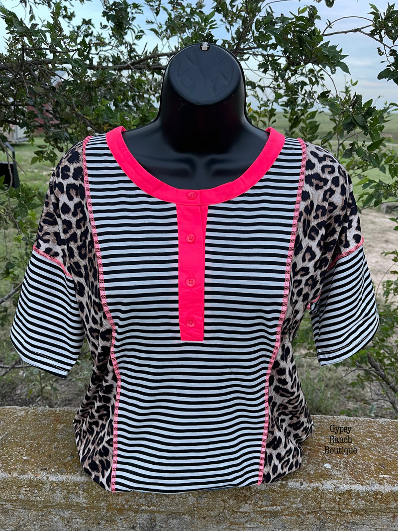 Milligan Leopard Stripe Neon Pink Top - Also in Plus Size