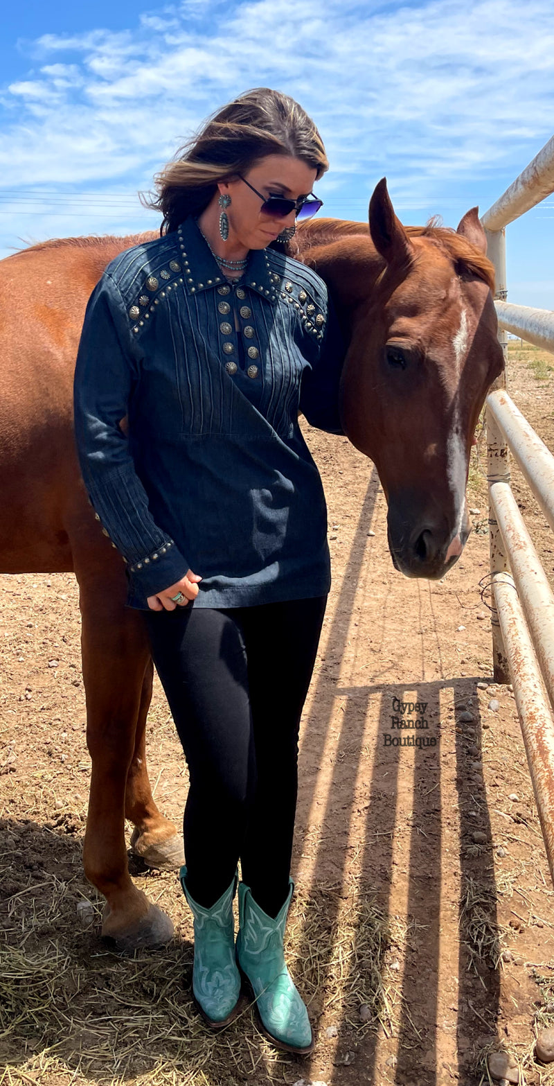 Blayke Concho & Turq Denim Button Up Top - Also in Plus Size