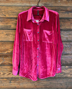Fierce in Pink Velvet Turquoise Pearl Snaps Button Up Top - Also in Plus Size