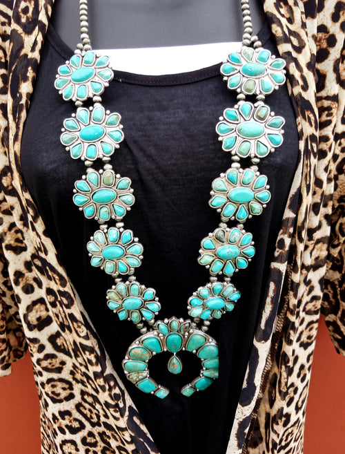Elpaso Sunset Long Silver & Turquoise Squash Blossom