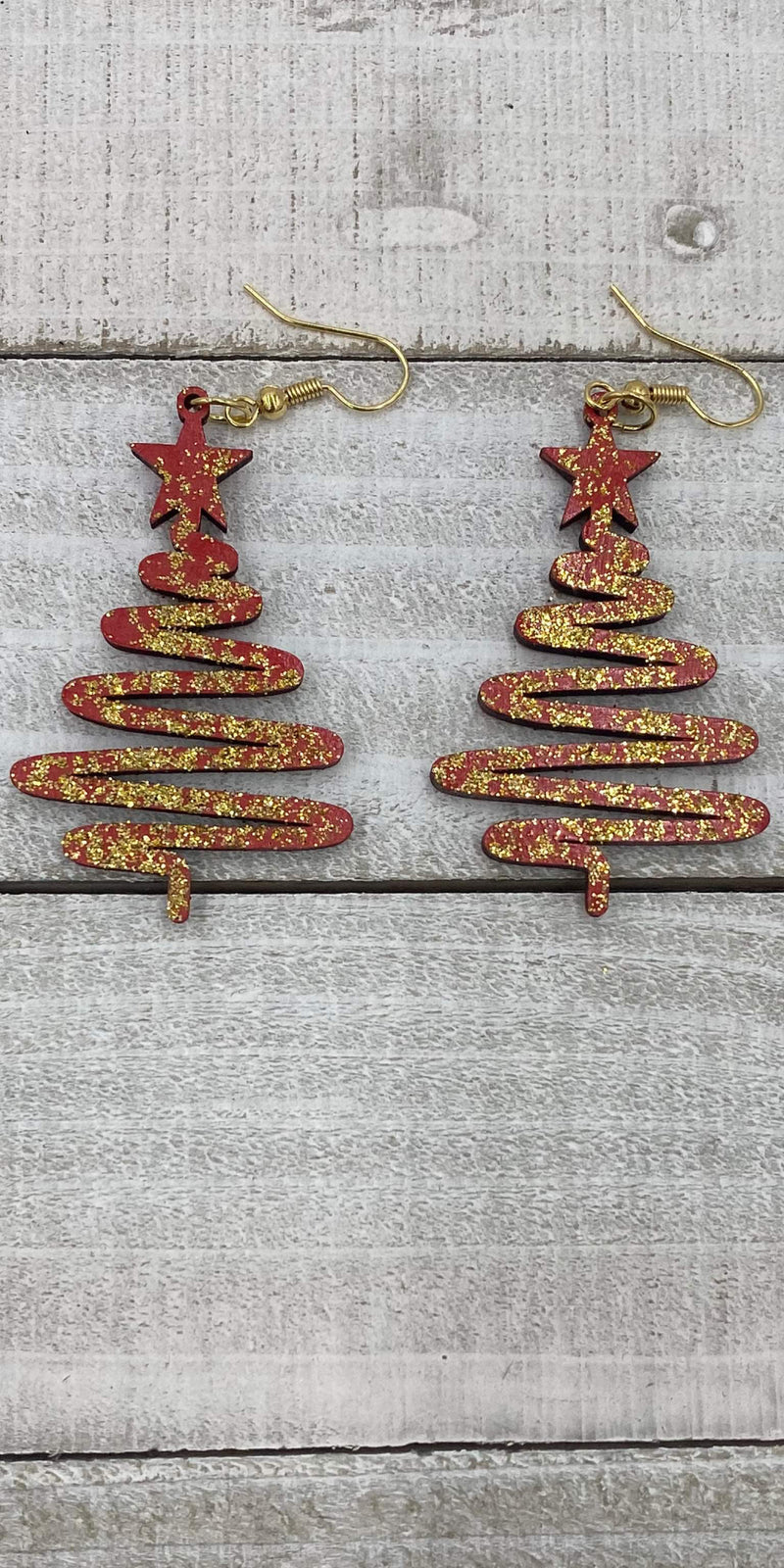 Red Gold Glitter Tree Earrings