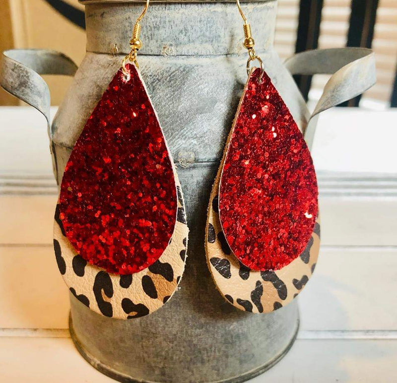 Carrie Red Glitter Leopard Leather Earrings