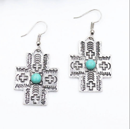 All Faith Cross Silver Turquoise Earrings