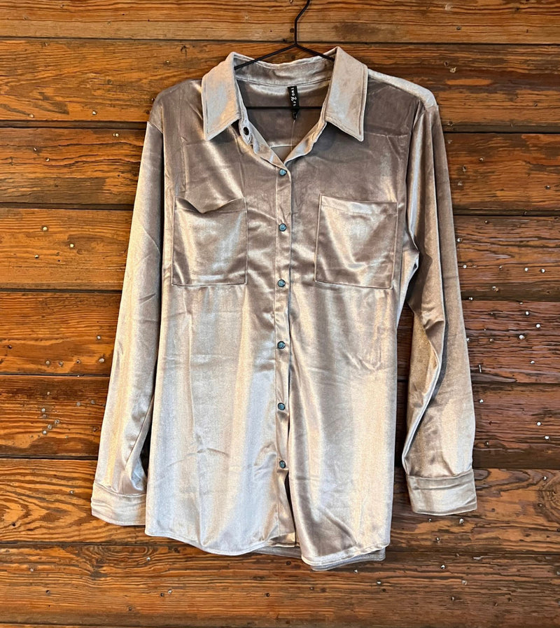 Champagne Shine Velvet Turquoise Pearl Snaps Button Up Top - Also in Plus Size