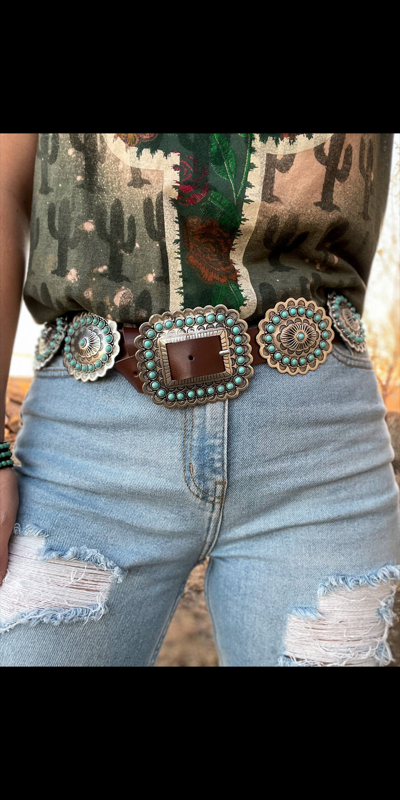 Denton Brown Silver Turquoise Concho Belt