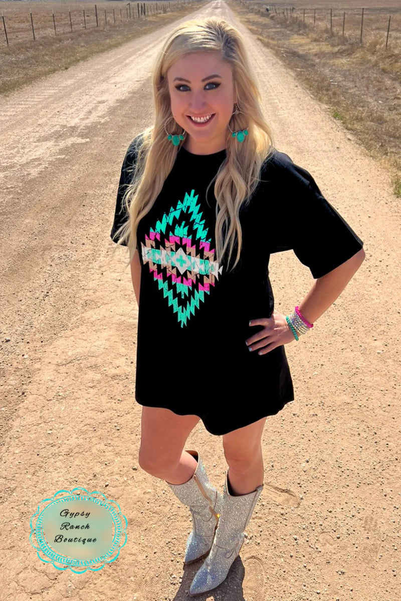 Turquoise Sands Aztec T-Shirt Dress -Also in Plus Size – Gypsy Ranch Boutique