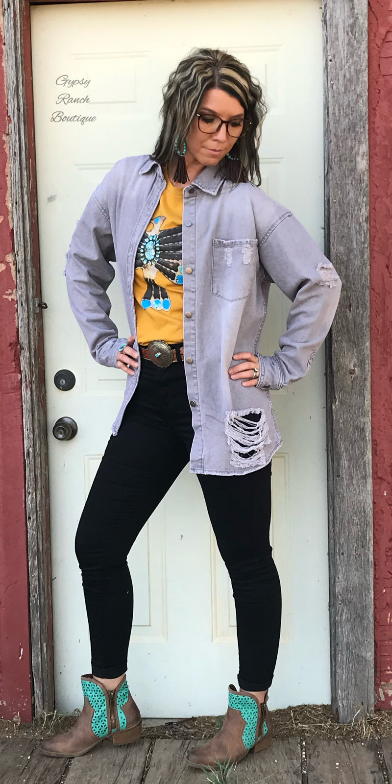 Grayson Grey Denim Distressed Top