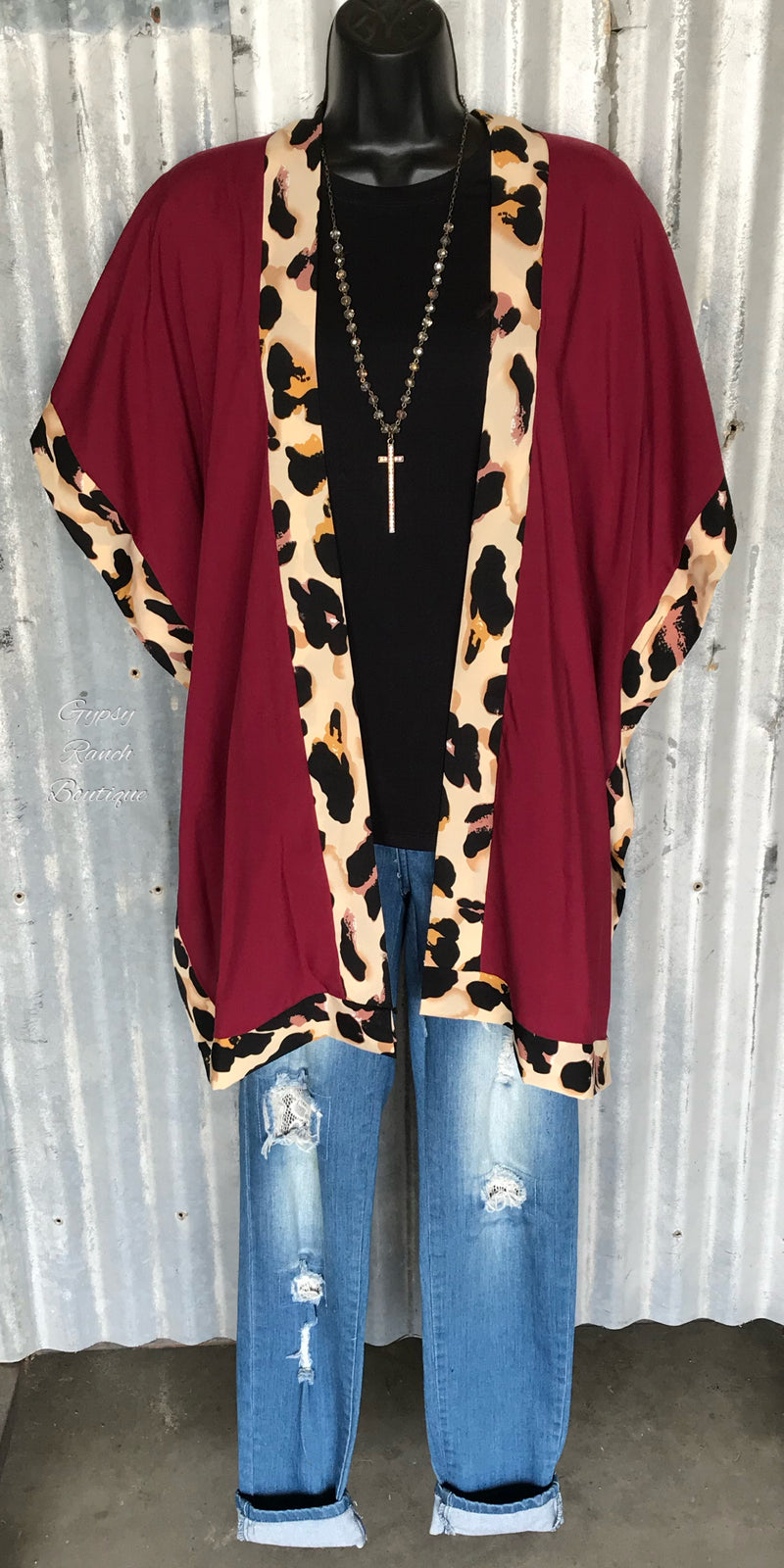 Broadway Burgundy Leopard Cardigan Kimono - Also in Plus Size