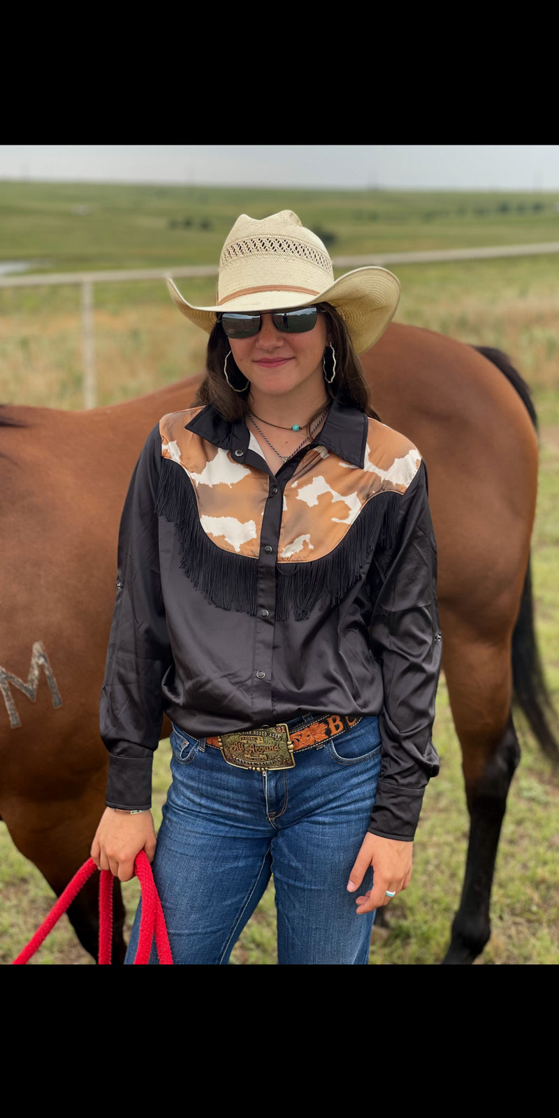 Calgary Cowhide & Fringe Button Up Top