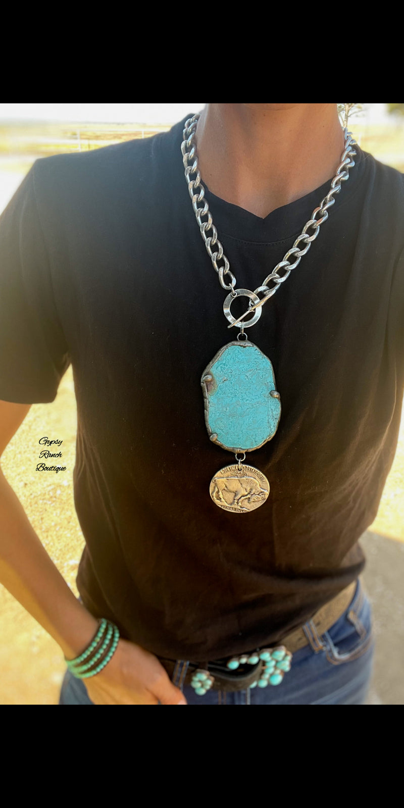 Raton Pass Buffalo Chief Coin Reversible Turquoise Drop Necklace