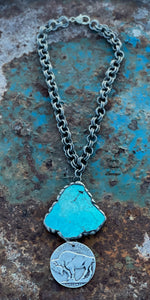 Montana Buffalo Chief Coin Reversible Turquoise Drop Necklace