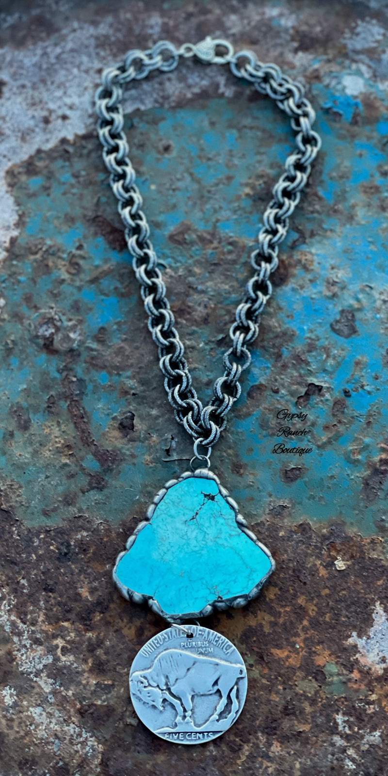 Montana Buffalo Chief Coin Reversible Turquoise Drop Necklace