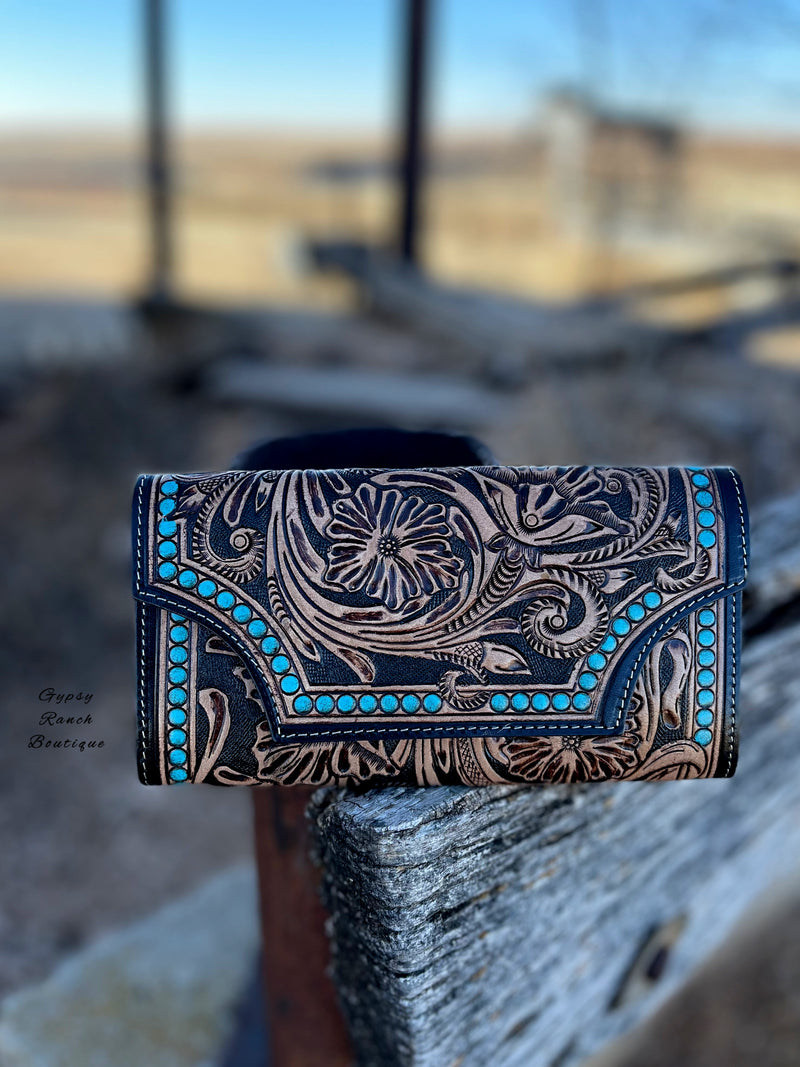 Burleson Turquoise Leather Tooled Wallet