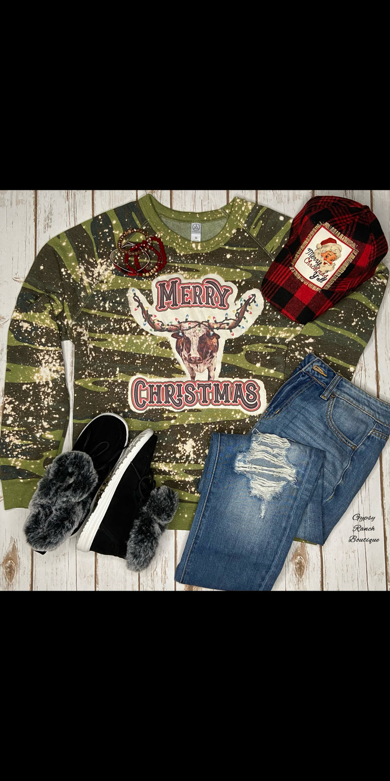 Camo Bleached Longhorn Christmas Sweatshirt - Also in Plus Size