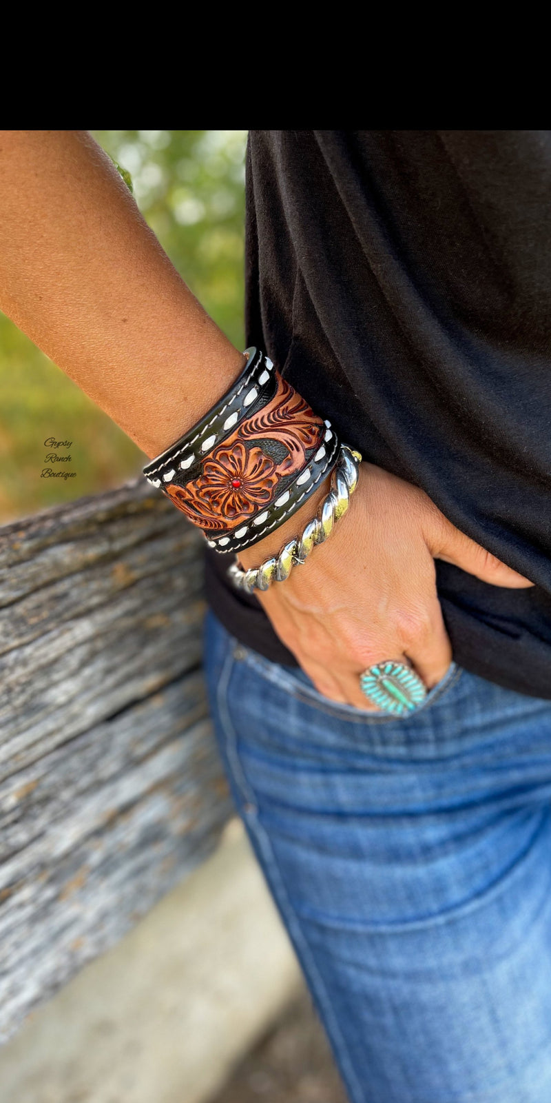 Ranch Rodeo Tooled Leather Cuff Bracelet