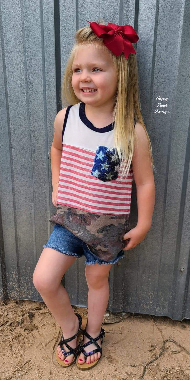 Kids Camo Flag Sequin Pocket Tank Top