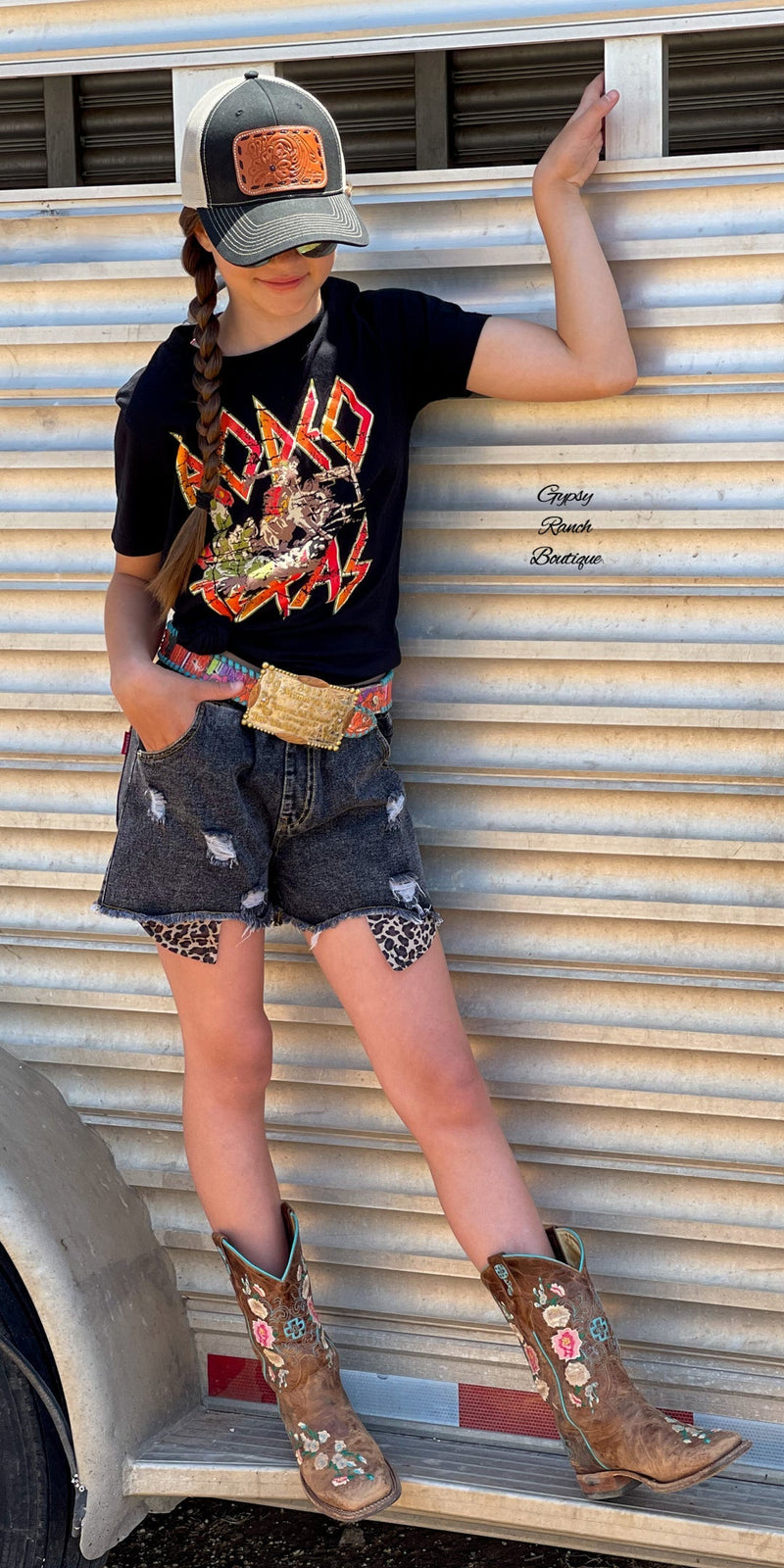 Kids Leopard Patch Black Distressed Shorts