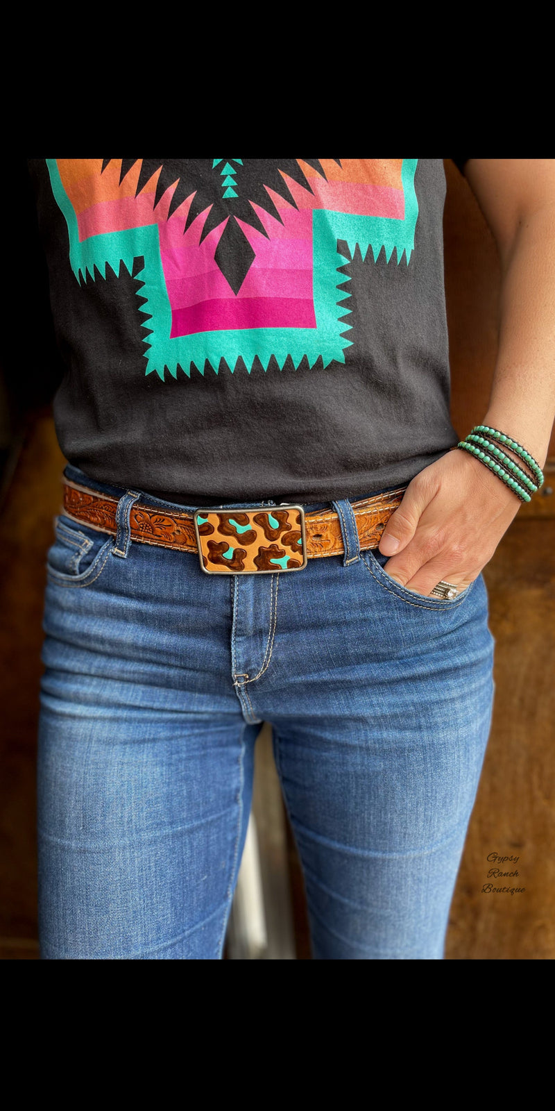 Rapid City Leopard Leather Turquoise Buckle