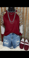 Henley Burgundy Stripe & Leopard Top - Also in Plus Size