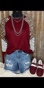 Henley Burgundy Stripe & Leopard Top - Also in Plus Size