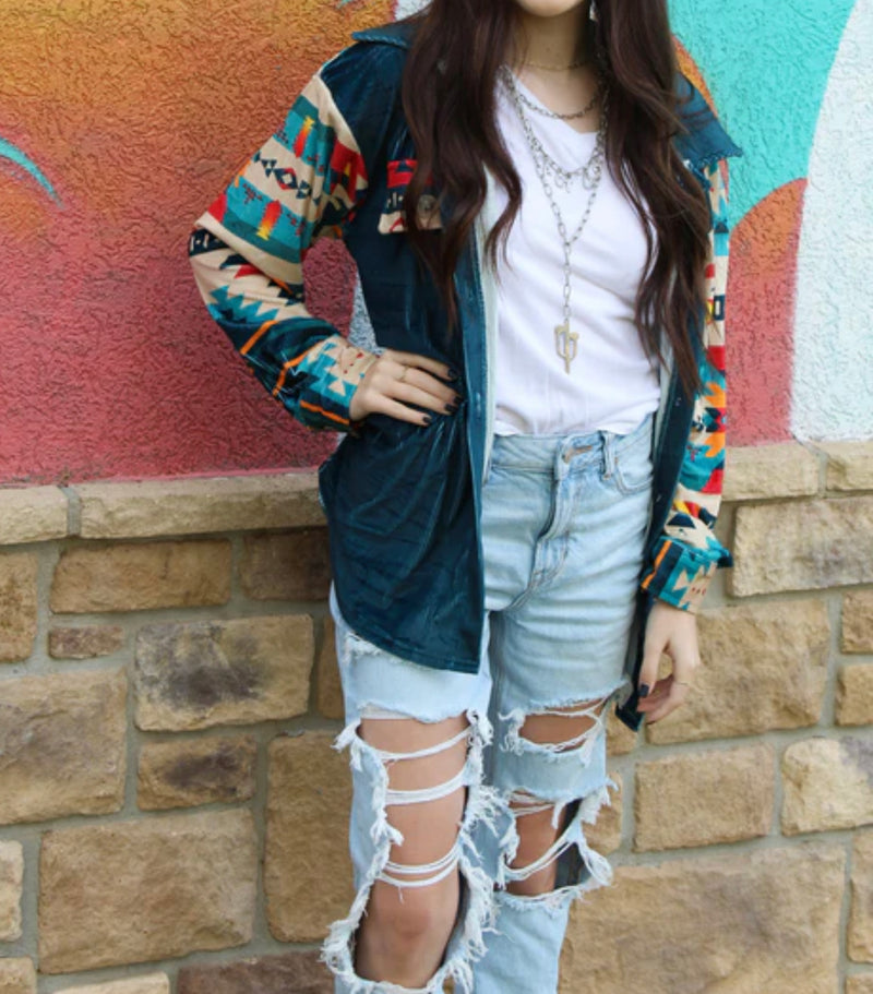 Better Days Velvet Aztec Button Up Shacket Top