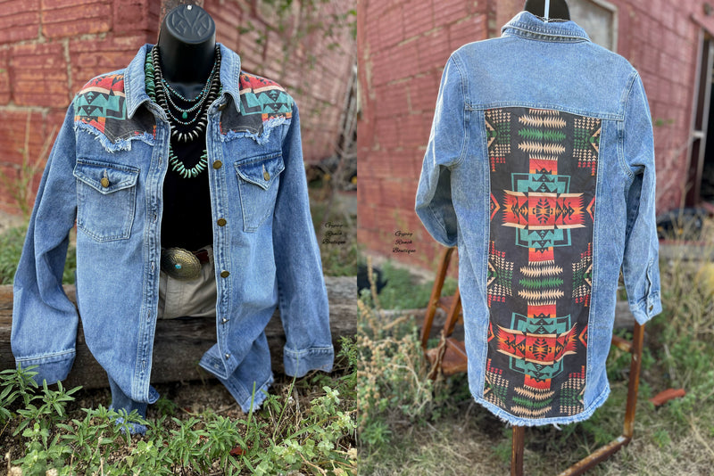 Ranchero Denim Tribal Longer Tunic Top Jacket - Also in Plus Size