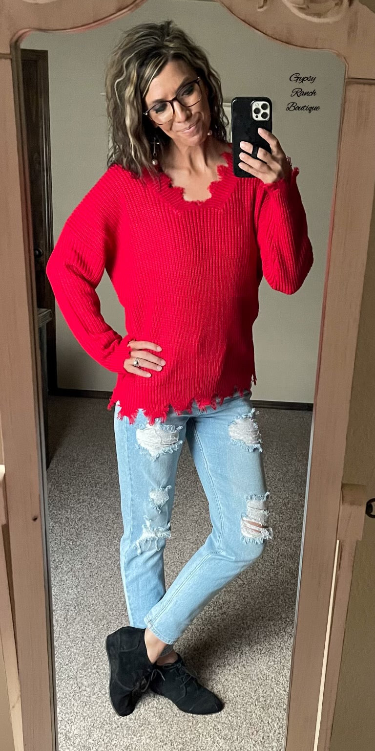 Lexington Red Distressed Sweater Top - Also in Plus Size