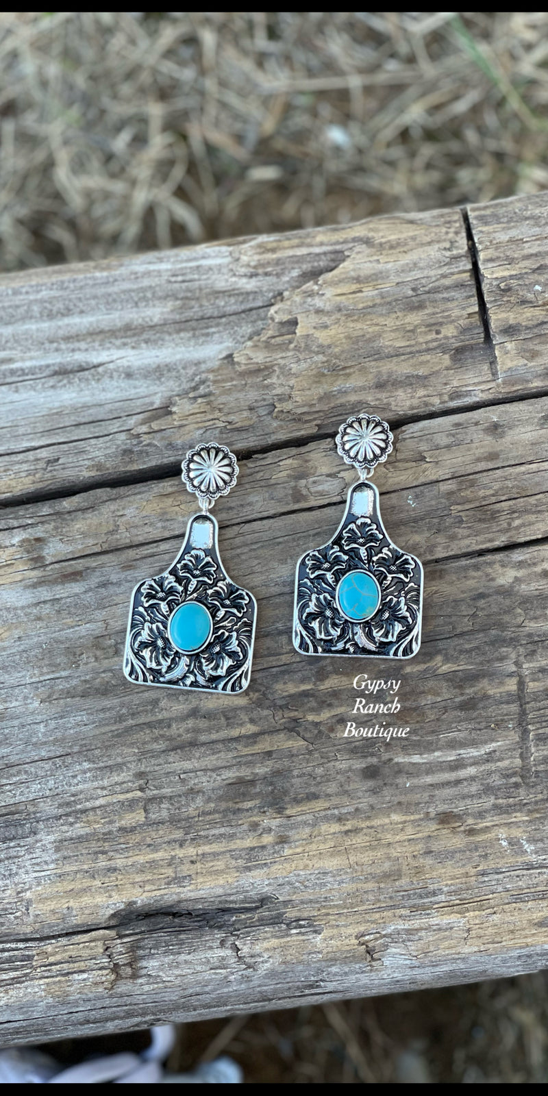 Silver Ear Tag Turquoise Earrings