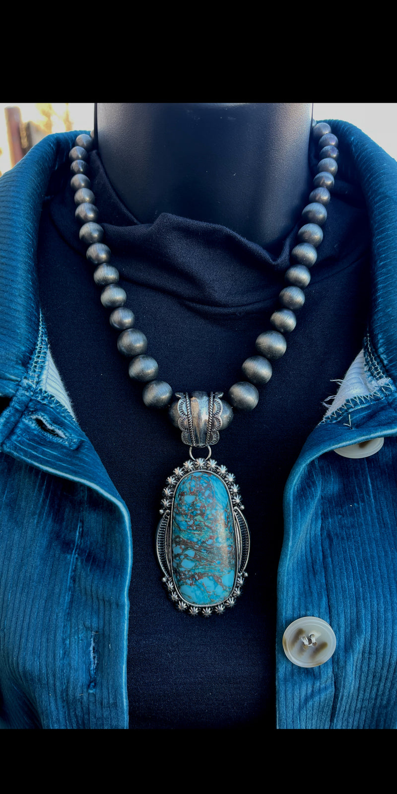 Chaney Turquoise Pendant Navajo Pearl Necklace