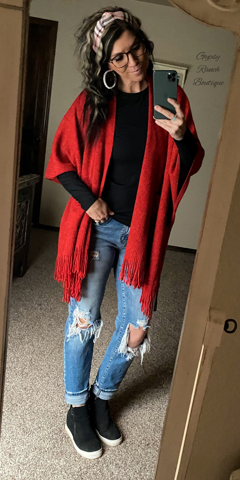 GrandView Red Fringe Cardigan Kimono - Also in Plus Size