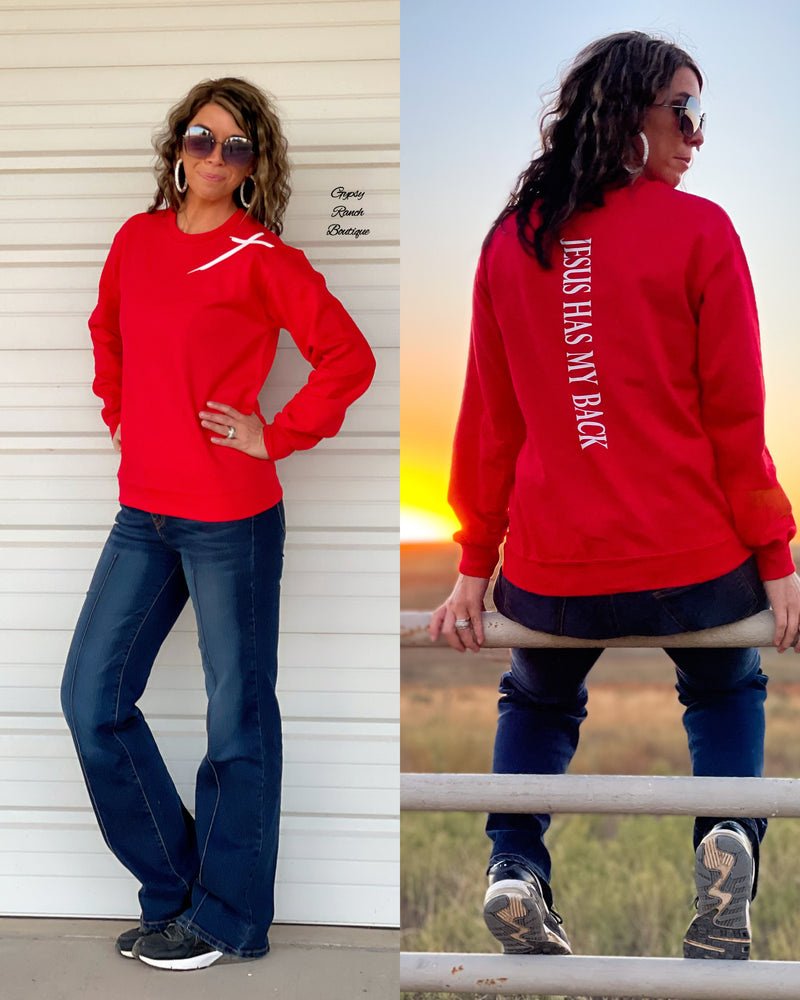 Red Jesus Has My Back Sweatshirt - Also in Plus Size