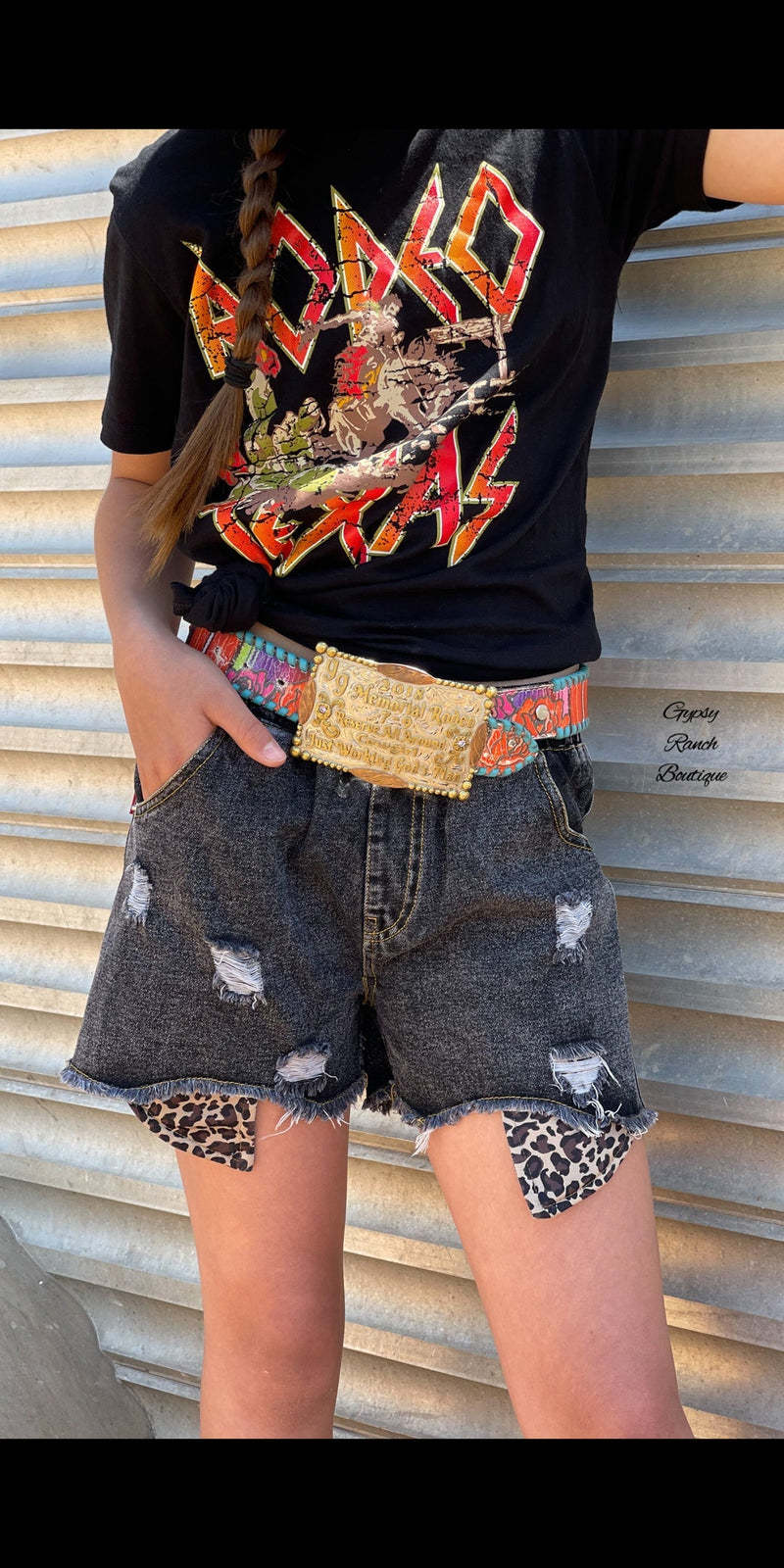 Kids Leopard Patch Black Distressed Shorts