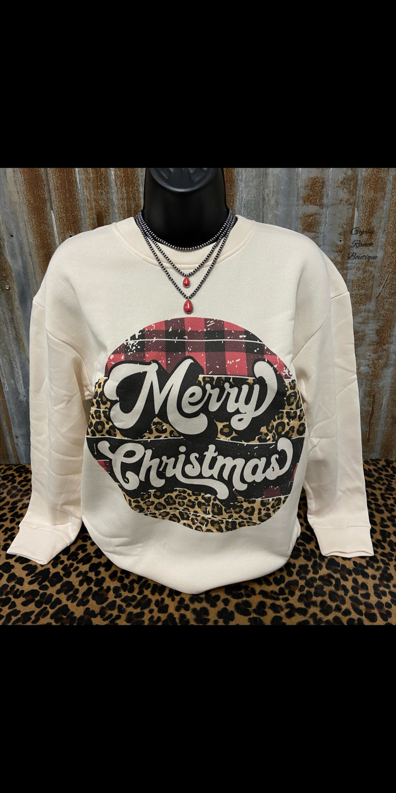 Merry Christmas Leopard Cream Sweatshirt Top  - Also in Plus Size