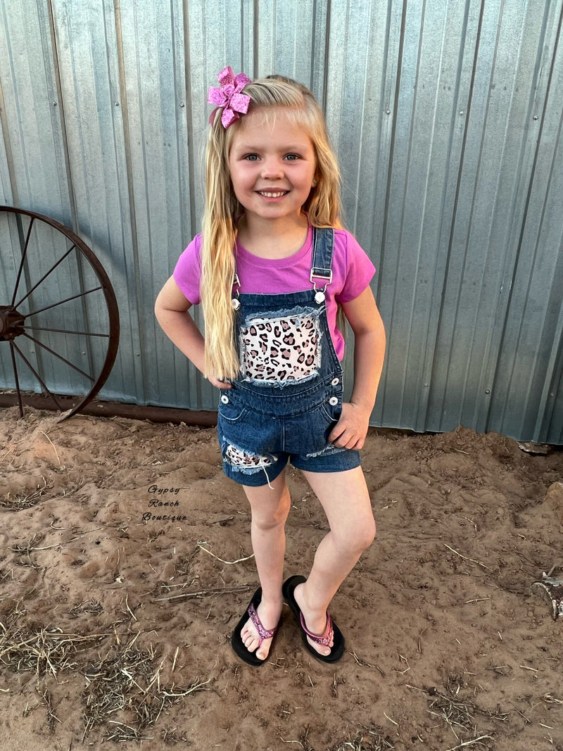 Kids Sugar Time Leopard Denim Distressed Overalls