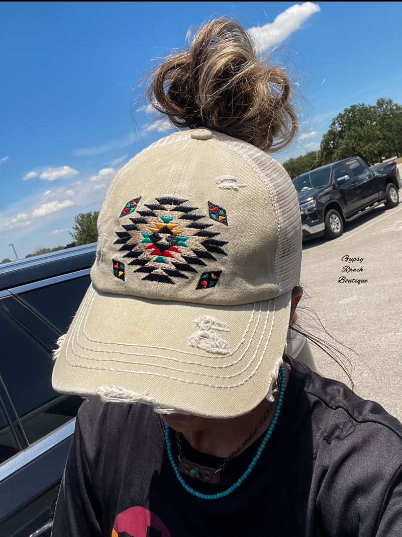 Cream Embroidered Aztec Cap