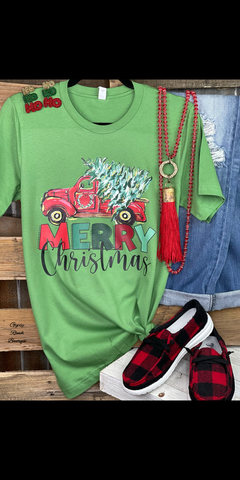 Merry Christmas Truck on Green Top - Also in Plus Size