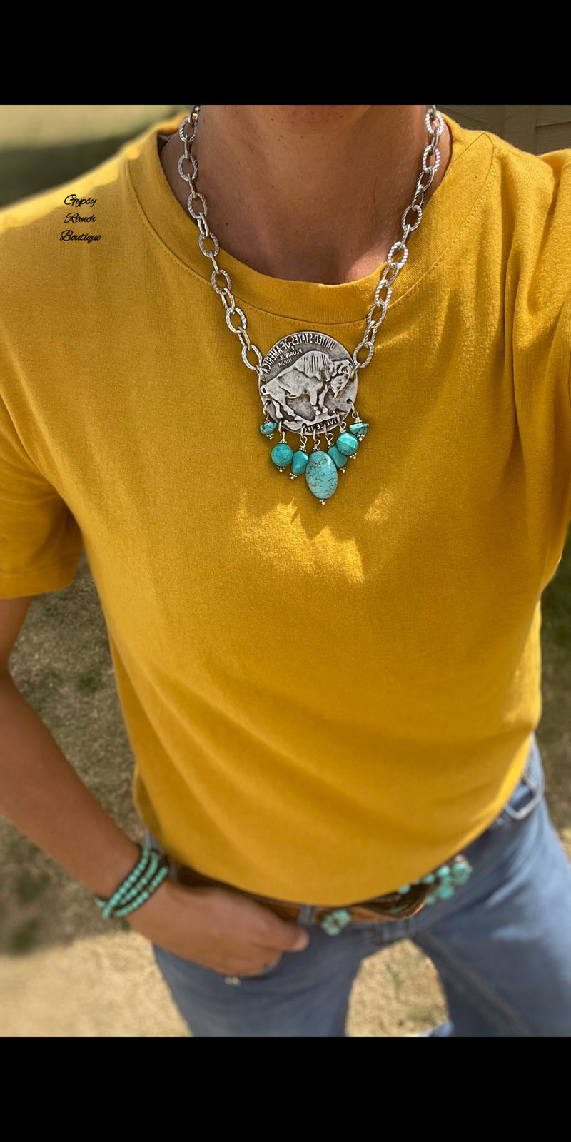 Sudan Turquoise Buffalo Chief Coin Reversible Necklace