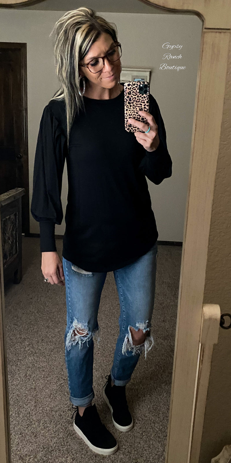 Black Solid Bubble Sleeve Top
