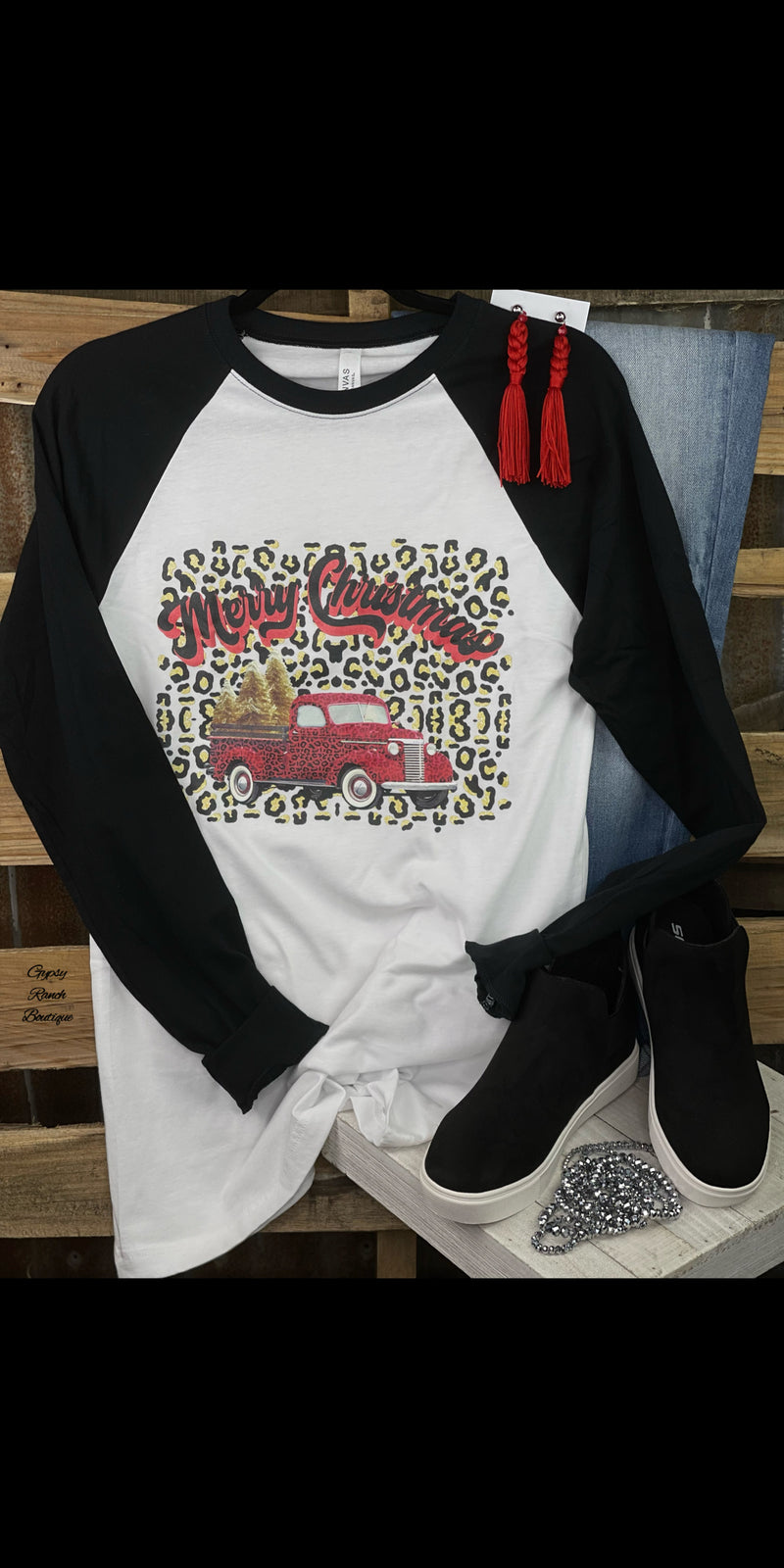 Vintage Merry Christmas Truck Leopard Raglan Top - Also in Plus Size