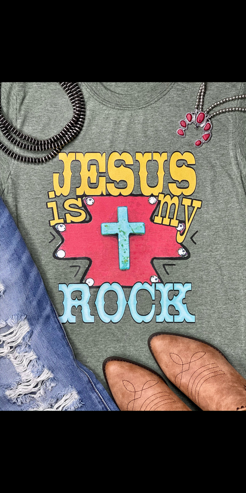 Jesus is my Rock on Olive Tee  - Also in Plus Size